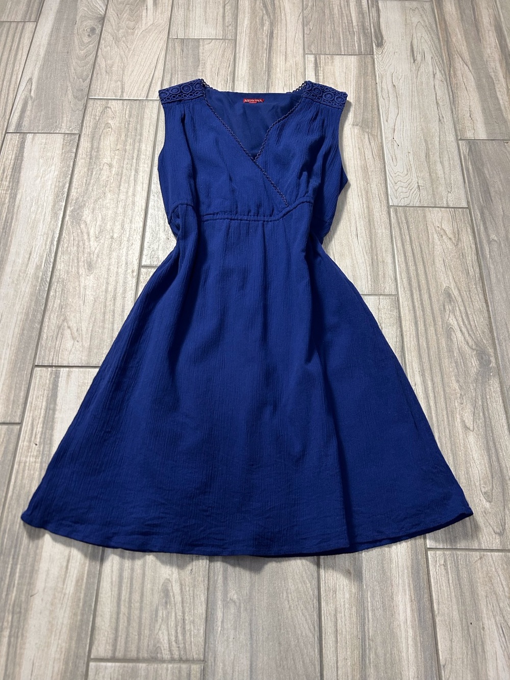 100% Cotton L Blue Sleeveless Dress Lace Shoulders Scalloped Neckline Boho